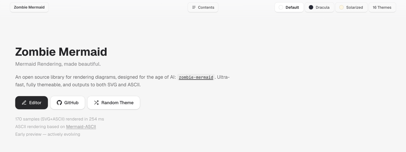 The same header and hero after the rebrand: the badge now reads "Zombie Mermaid" with no logo and links to the GitHub repo, the hero title is "Zombie Mermaid", the Craft attribution line is gone, and Editor is the primary button with the Craft Agents call-to-action removed entirely