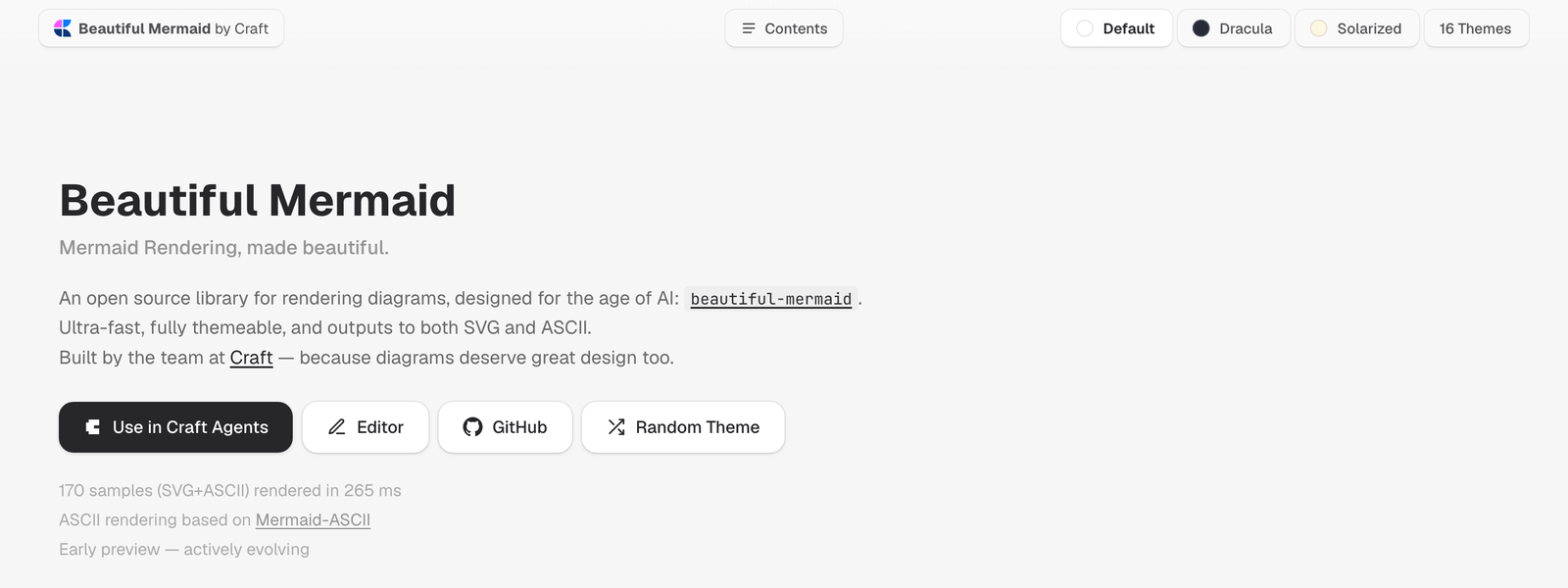 Demo site header and hero before the rebrand: a badge reading "Beautiful Mermaid by Craft" with the Craft logo, a hero titled "Beautiful Mermaid", a description line ending "Built by the team at Craft — because diagrams deserve great design too", and a black "Use in Craft Agents" primary button ahead of Editor and GitHub